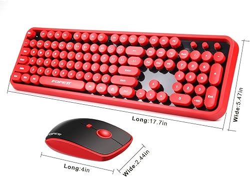 Miniatura 4 de FOPETT V2020 Combo de teclado y mouse inalámbricos, bonito teclado inalámbrico con llave roja redonda estilo retro, conectividad CapSecure de 2.4