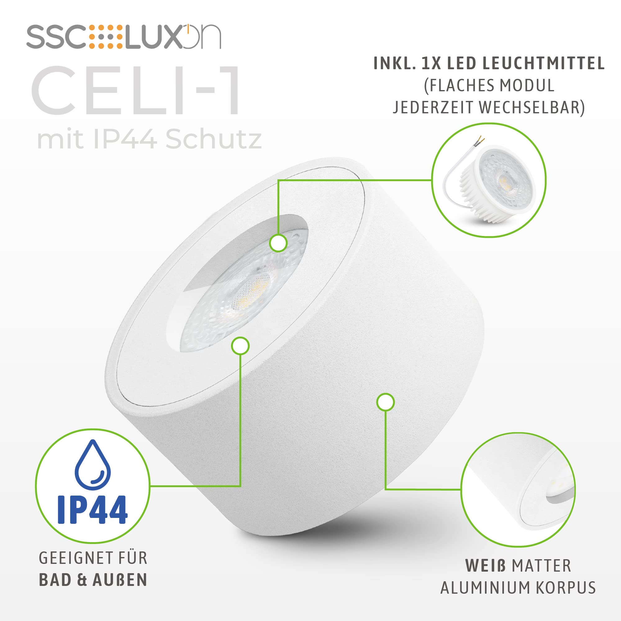 SSC-LUXon CELI-1 Aufbauspot 6er Set weiß IP44 GU10 warmweiß Bad & Außen | Sechs flache Deckenspots weiß IP44 - warmweiß, für Bad, Keller & überdacht außen, spritzwassergeschützt, inkl. GU10 LED