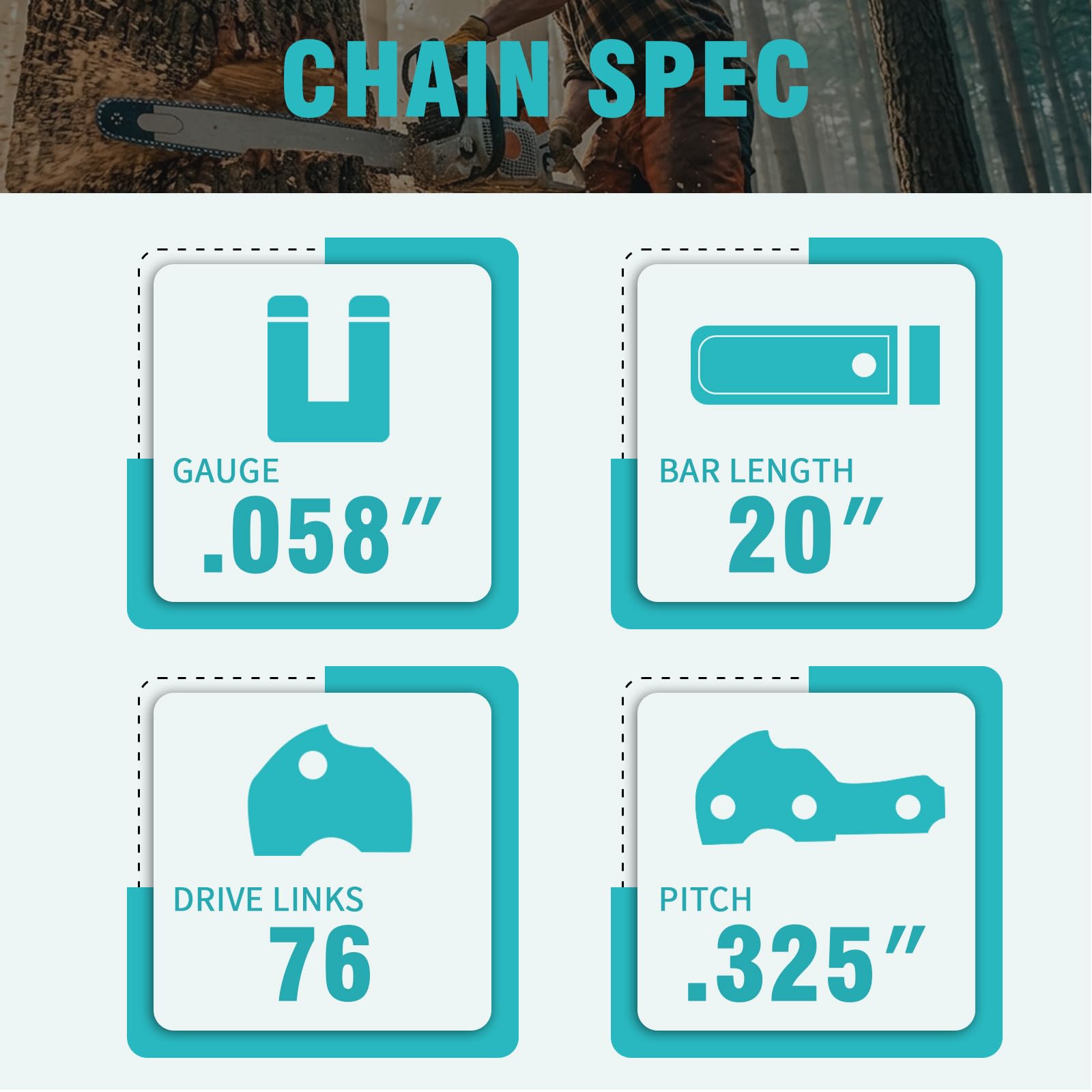 Paquete de 4 cadenas de motosierra de 20 pulgadas, paso de 0.325 pulgadas, calibre de 0.50 pulgadas, 76 eslabones de transmisión, incluye guantes y lima, repuesto para Stihl 026, 028, 029