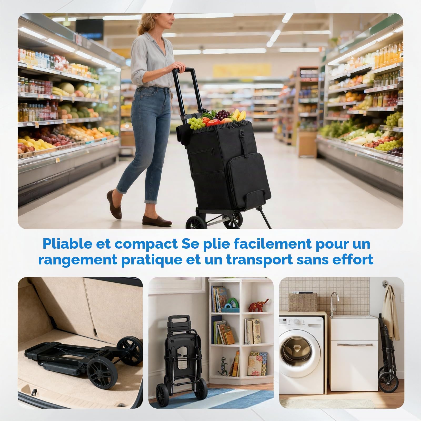 Housolution Chariot Caddie de Courses Pliable à roulettes | 46L/136KG Capacité, 2 en 1 Caddy Diable et Chariot pour Camping et Linge