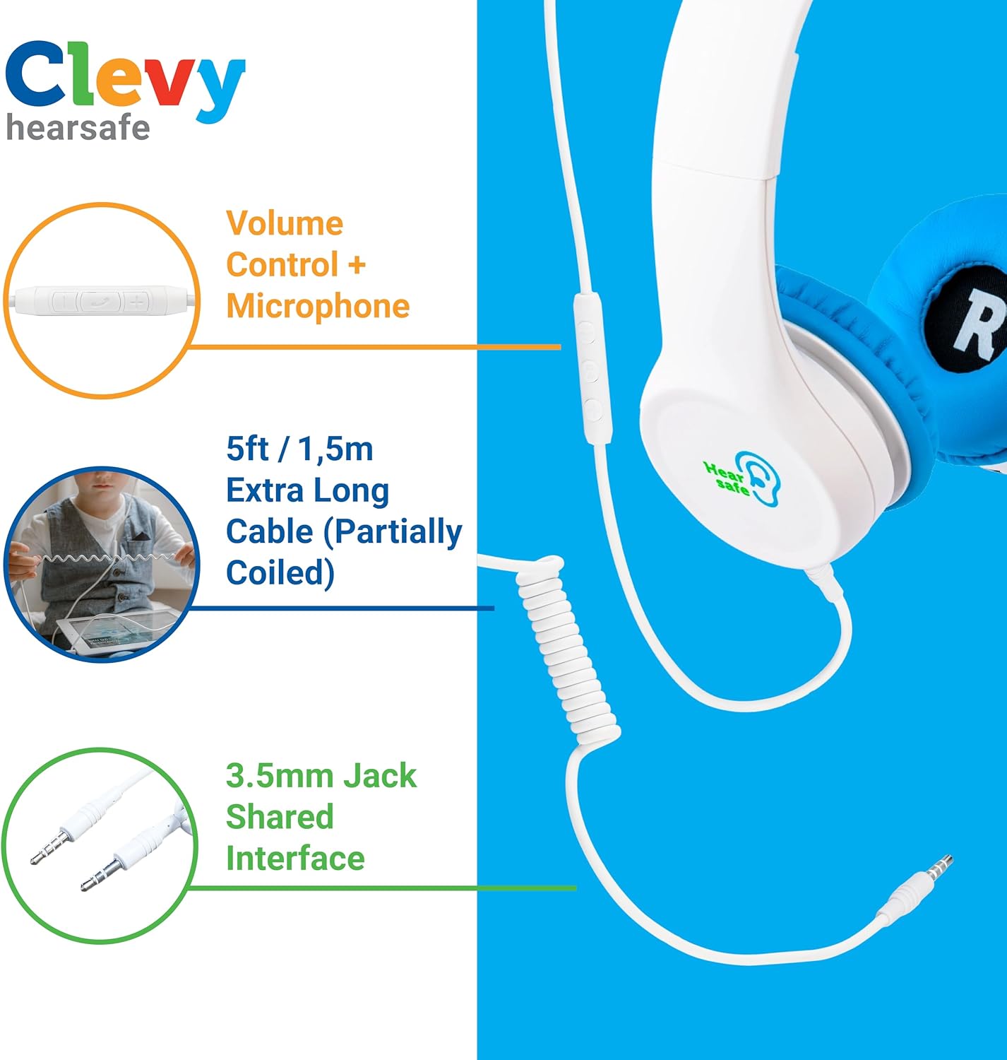 Clevy Kids Headphones Over-Ear 3.5mm Jack Wired - 5ft Tangle-Free Cord with HD Mic, 85dB Volume Limited for iPad/Computer, Foldable Durable Carrying Case