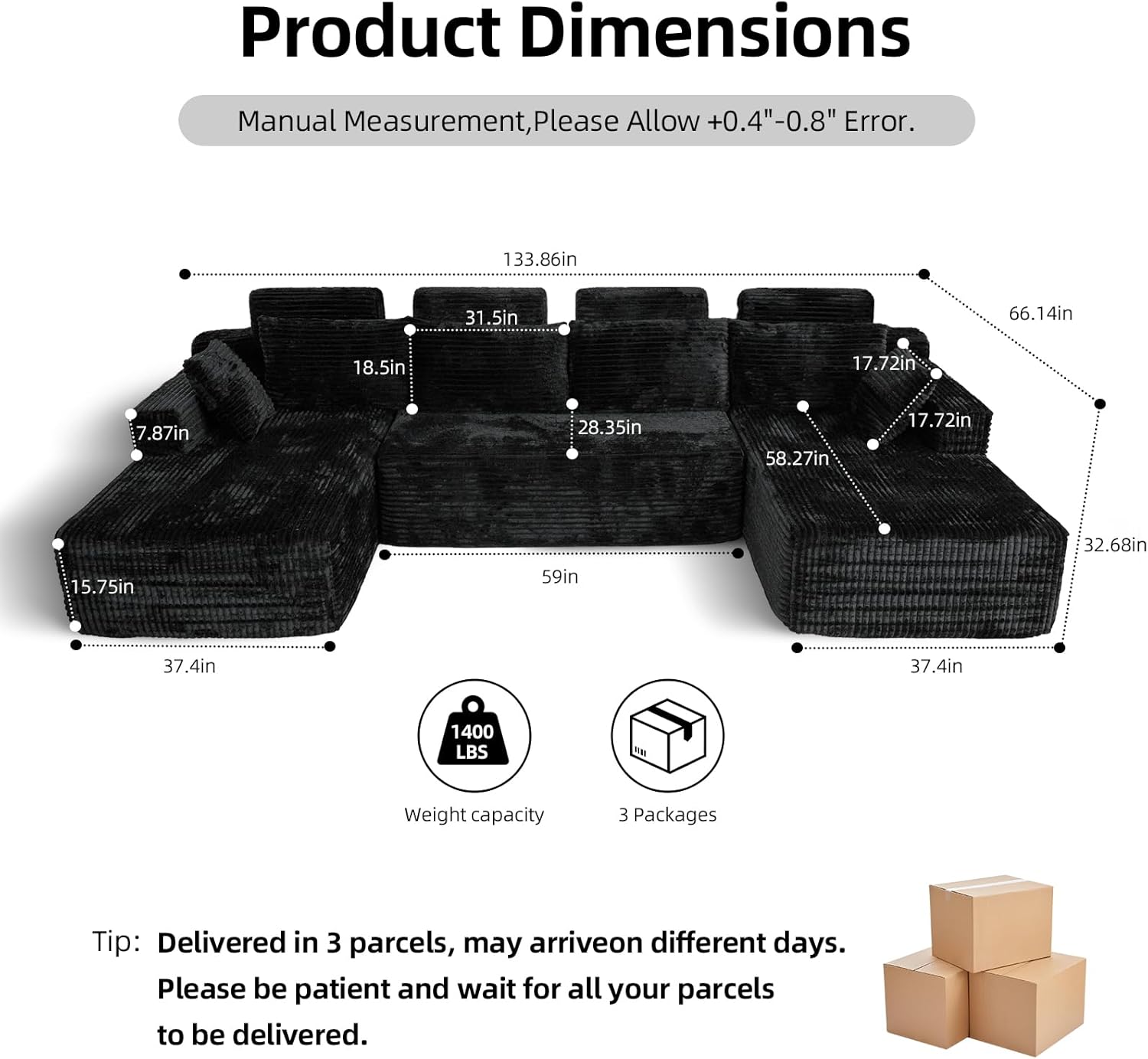 134" Black U-Shaped Modular Cloud Sofa Memory Foam Sleeper Corduroy Sectional No Assembly