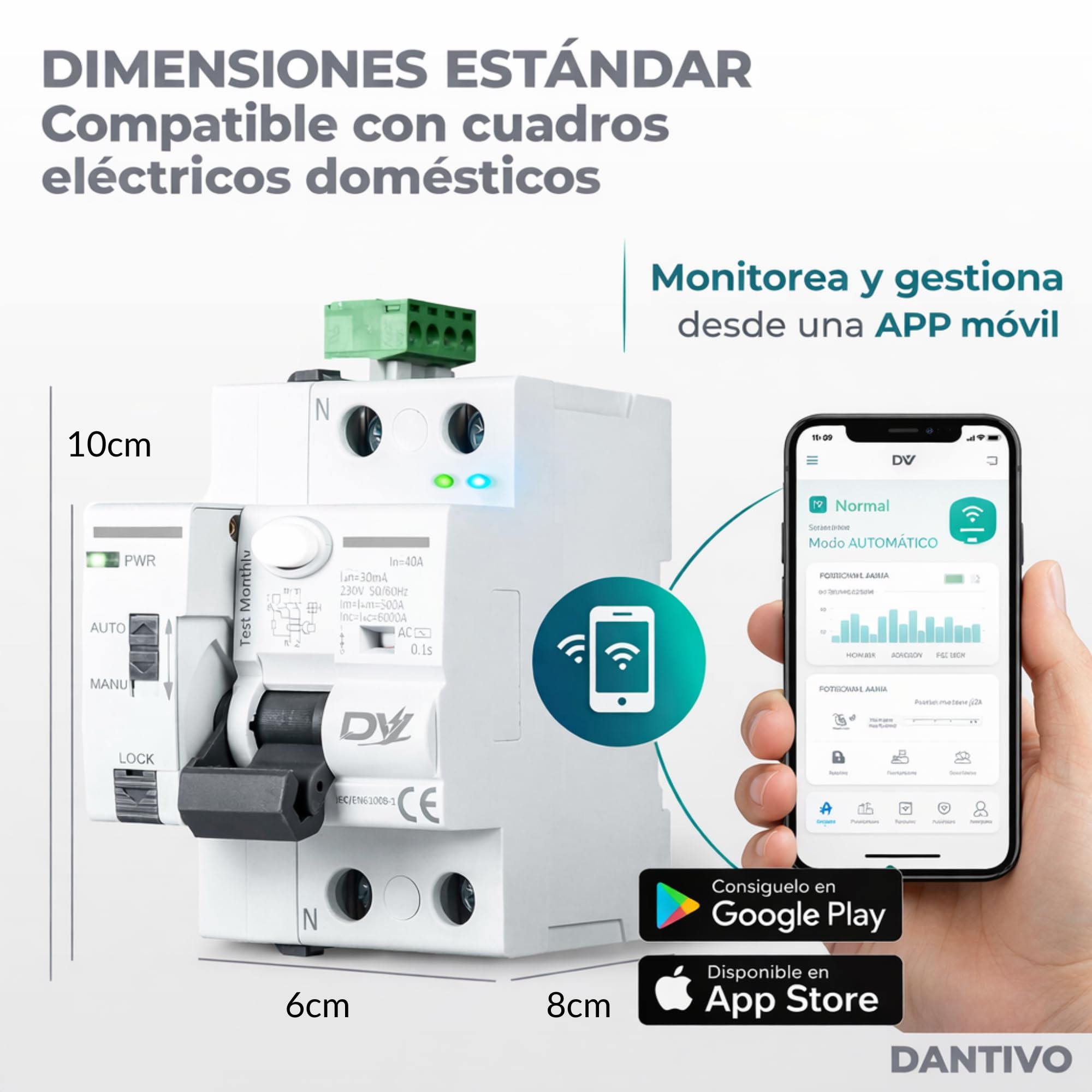 Diferencial Auto Rearmable WiFi 40A 30mA Tipo AC 2P – Interruptor Diferencial Inteligente WiFi con App – Diferencial Rearmable Automático Carril DIN – Monitorización Consumo en Tiempo Real — view 2
