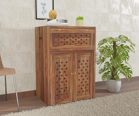 WOODTREND Solid Sheesham Wood Inverter Battery Cabinet Unit Wooden Trolley Battery Cabinet Storage Shelves,Natural Finish
