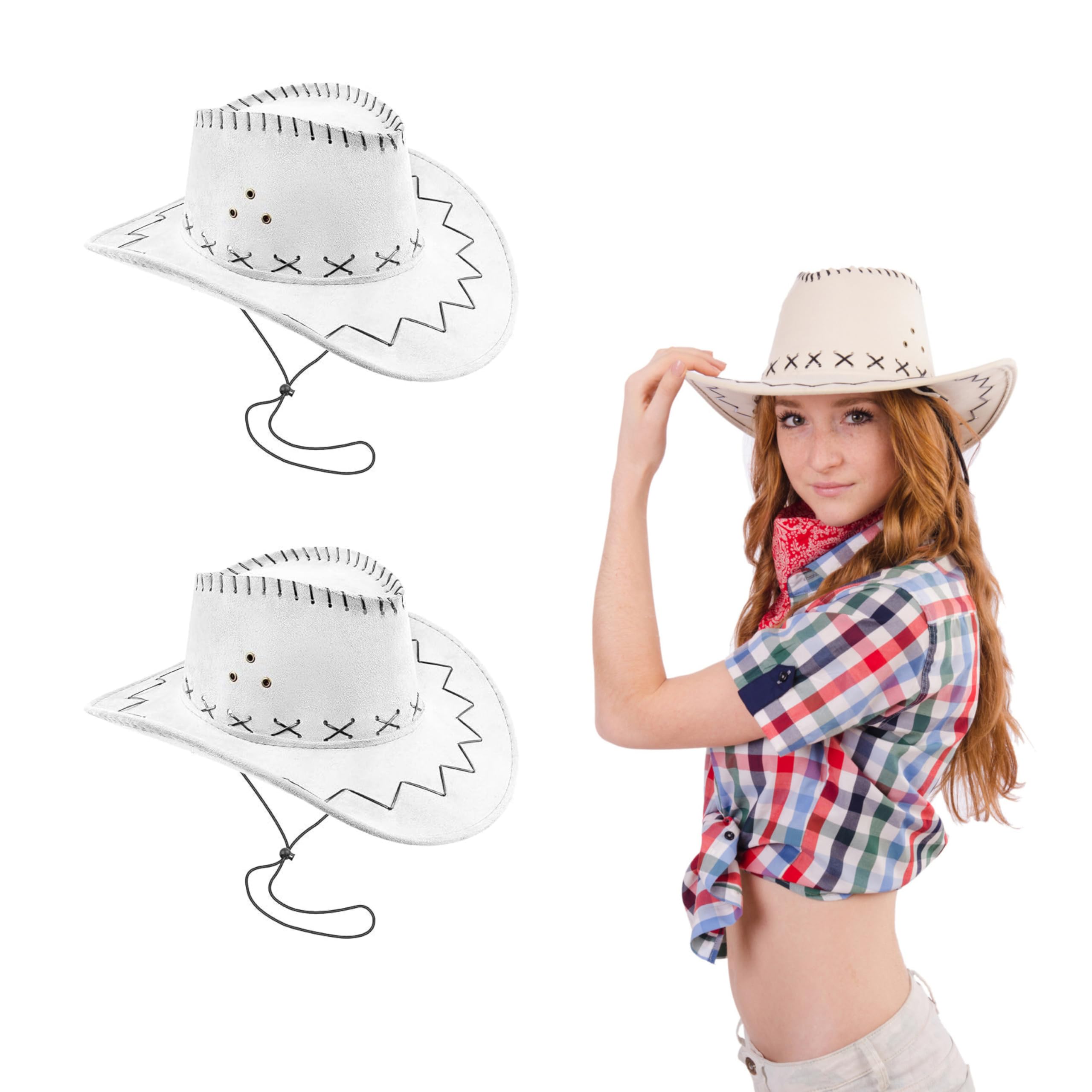 Lizzy 2 x Adult Cowboy Hat Faux Suede Material with Cross Hatch Stitching Detail Wild West Western Sheriff Mens Womens hat Halloween Cow Girl Hats Costume for Fancy Dress Accessories (White)