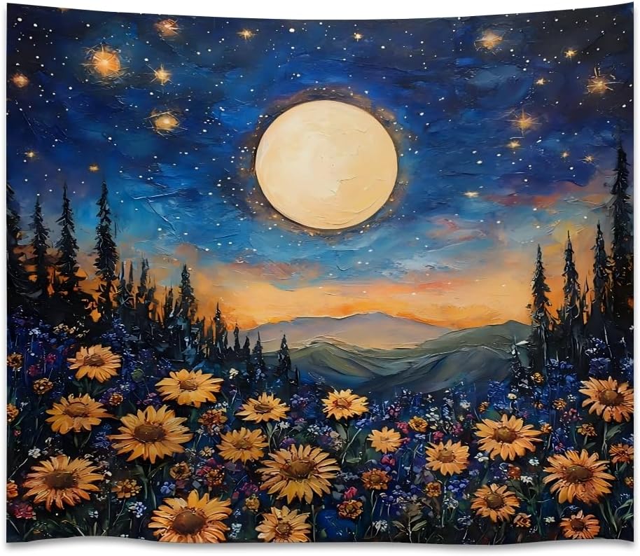 Mystical Boho Celestial Art Tapestry Dark Academia Golden Moon Garden Print Wall Hanging Decor Enchanted Forest Nature Aesthetic Tapestries for Living Room Dorm Wall Decor white50x60inch