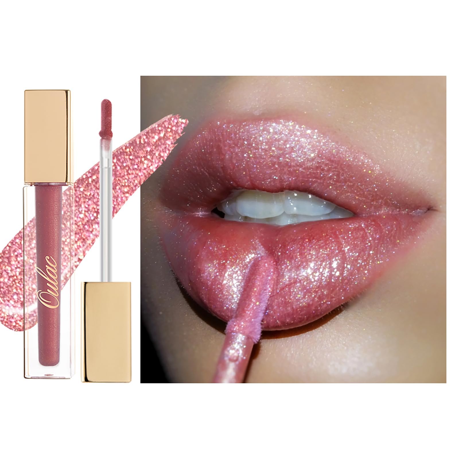 Oulac Brillo Labios Purpurina - Barra de Labios Líquida con Purpurina, Brillo de Labios Hidratante Transparente para Labios Secos | Enriquecido con Aceite Esencial Rosa, 4,5ml, Rosa Malva (C08)