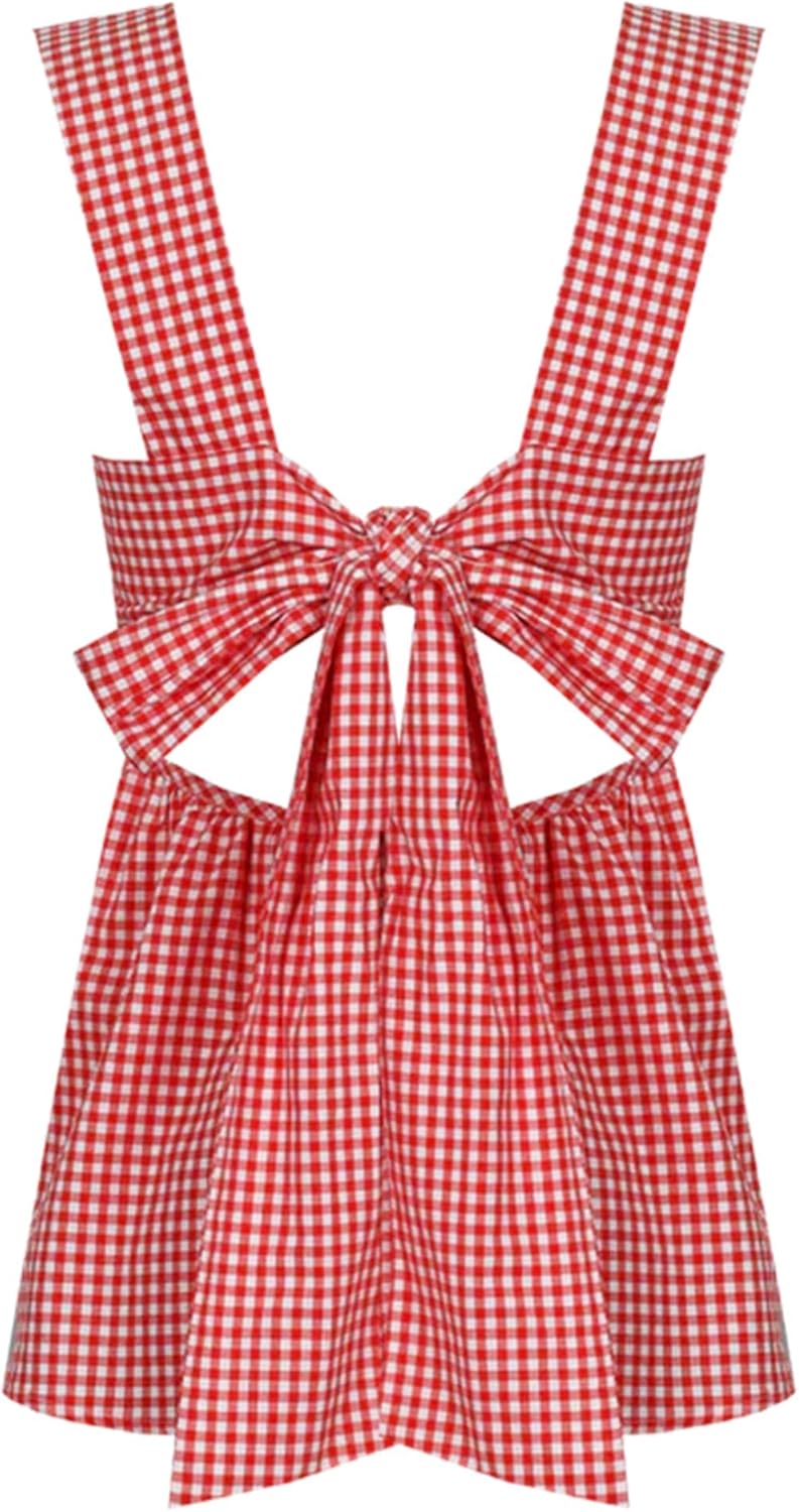 Amiblvowa Women Gingham Peplum Tank Square Neck Babydoll Tops Y2K Cute Bow Tie Back Sleeveless Vest Shirt Going Out Top - Image 7