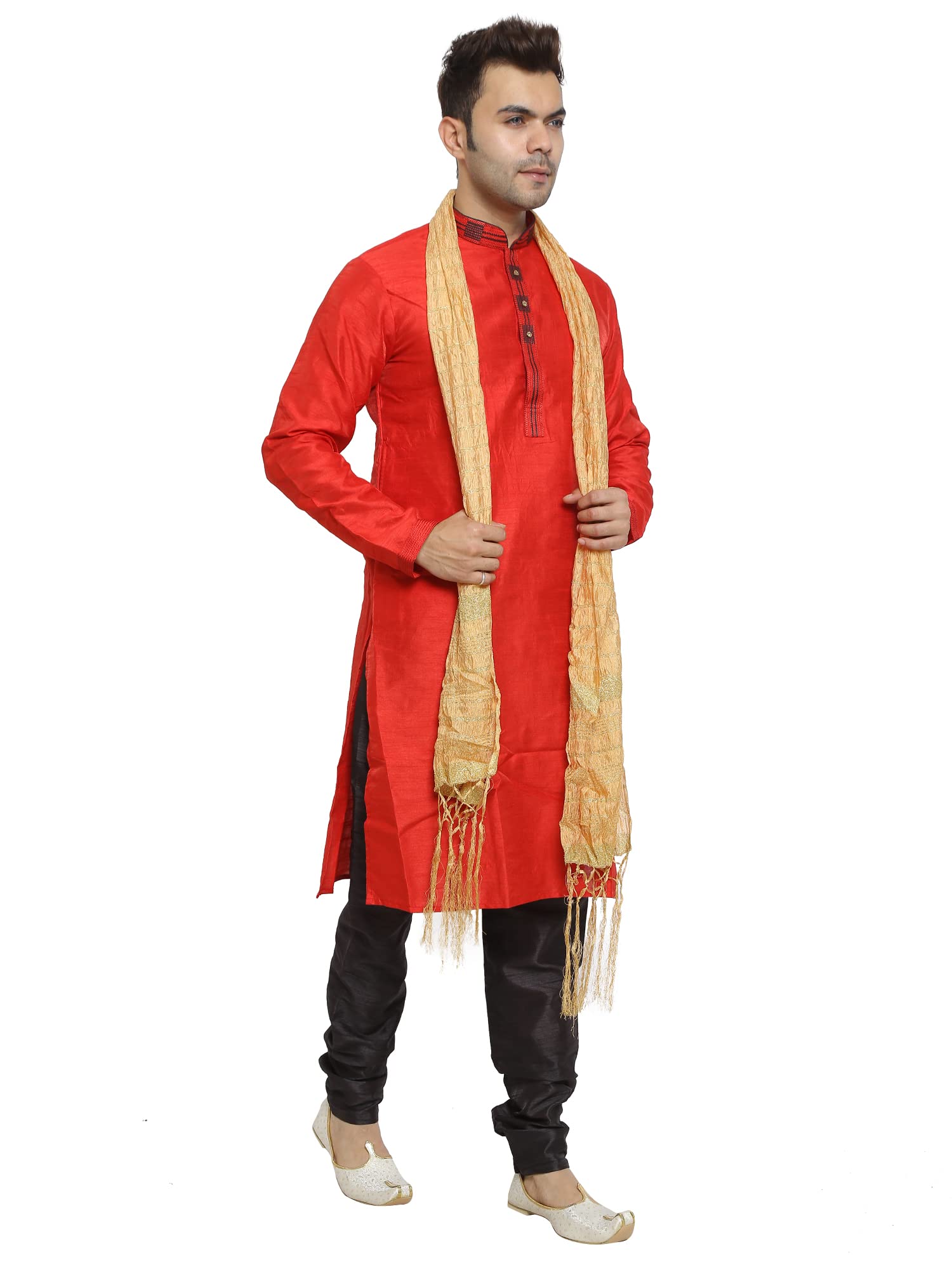 ITOS365 Men's Tunic Art Silk Kurta Pajama and Scarf Suit Set Indian Clothing Wedding Party Dress Gifts Items