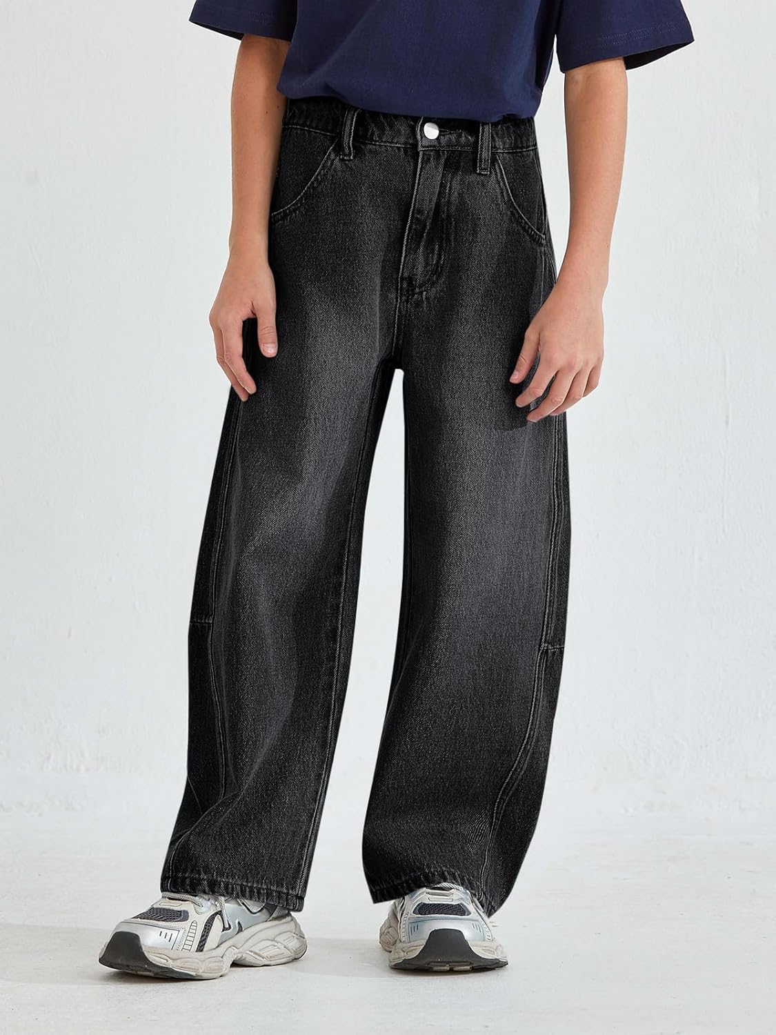 Haloumoning Boys Baggy Jeans Kids Wide Leg Elastic Wasit Demin Pants with Pockets 5-14 Years
