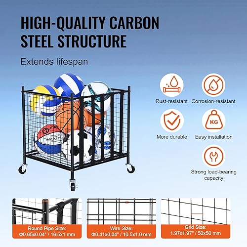 Miniatura 5 de VEVOR Carrito de almacenamiento de pelotas deportivas con ruedas, jaula de baloncesto con cierre con correas elásticas, organizador de soporte de