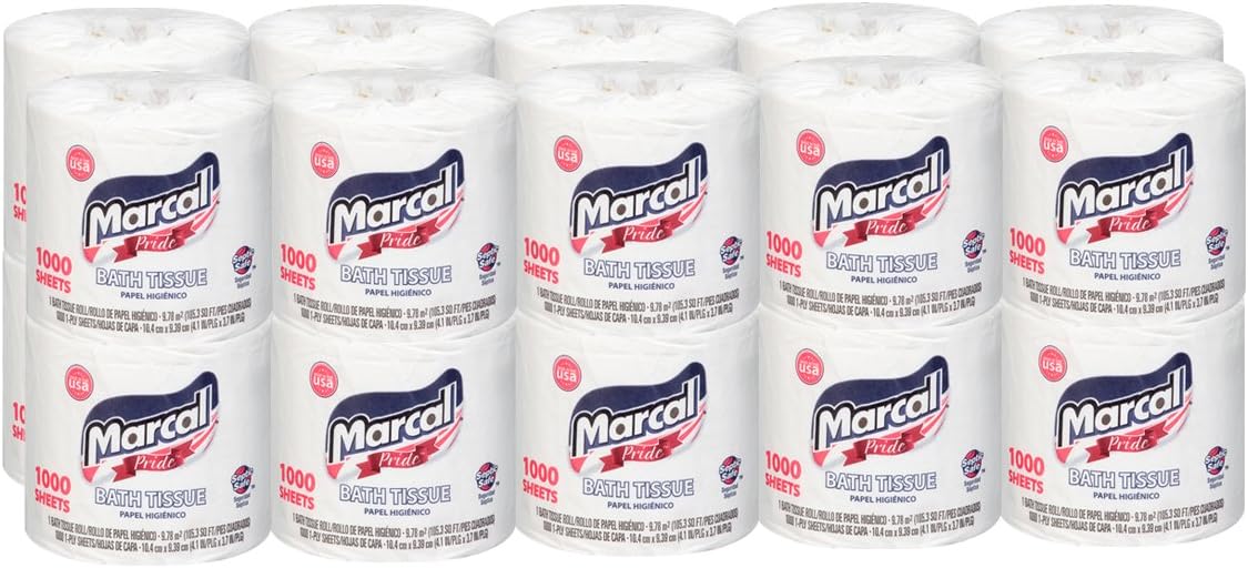 MarcalPride Toilet Paper, White, 1000 Sheets Per Roll, 20 Rolls Per Case - Sustainable and Chlorine Free Bath Tissue 03408
