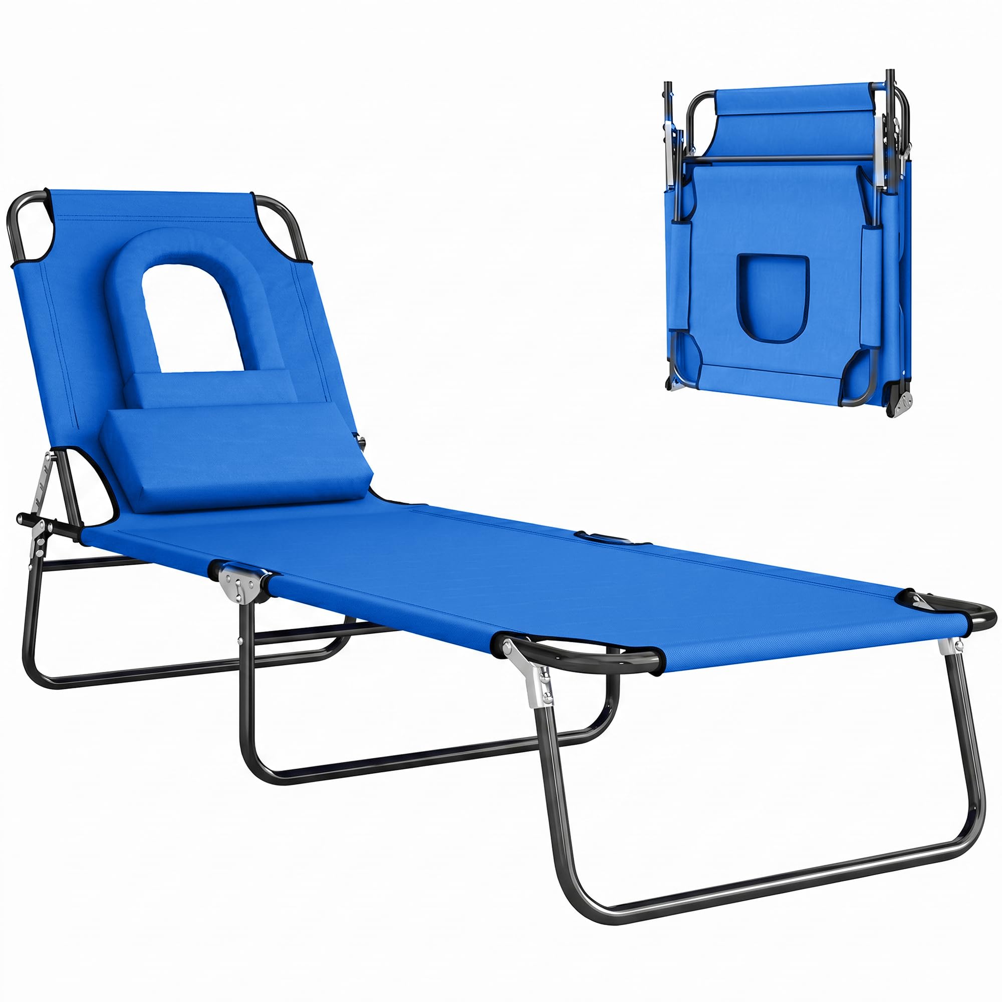 Outsunny Tumbona Plegable con Respaldo Regulable en 4 Posiciones Tumbona de Jardín con Orificio de Lectura Almohada Marco Metálico y Tela Oxford para Playa Terraza Carga 120 kg 190x56x28 cm Azul