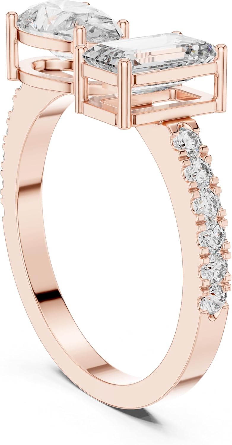 Pear & Emerald Cut Two Stone Open Gap Lab Grown & Diamond Engagement Ring 10k 14k 18k Gold & 925 Sterling Silver Ring Wedding & Christmas Gift For Her (22)