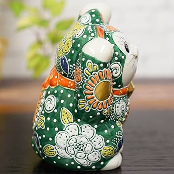 Amazon.co.jp: 招き猫 置物 九谷焼 両手上げ 緑盛 風水 開運