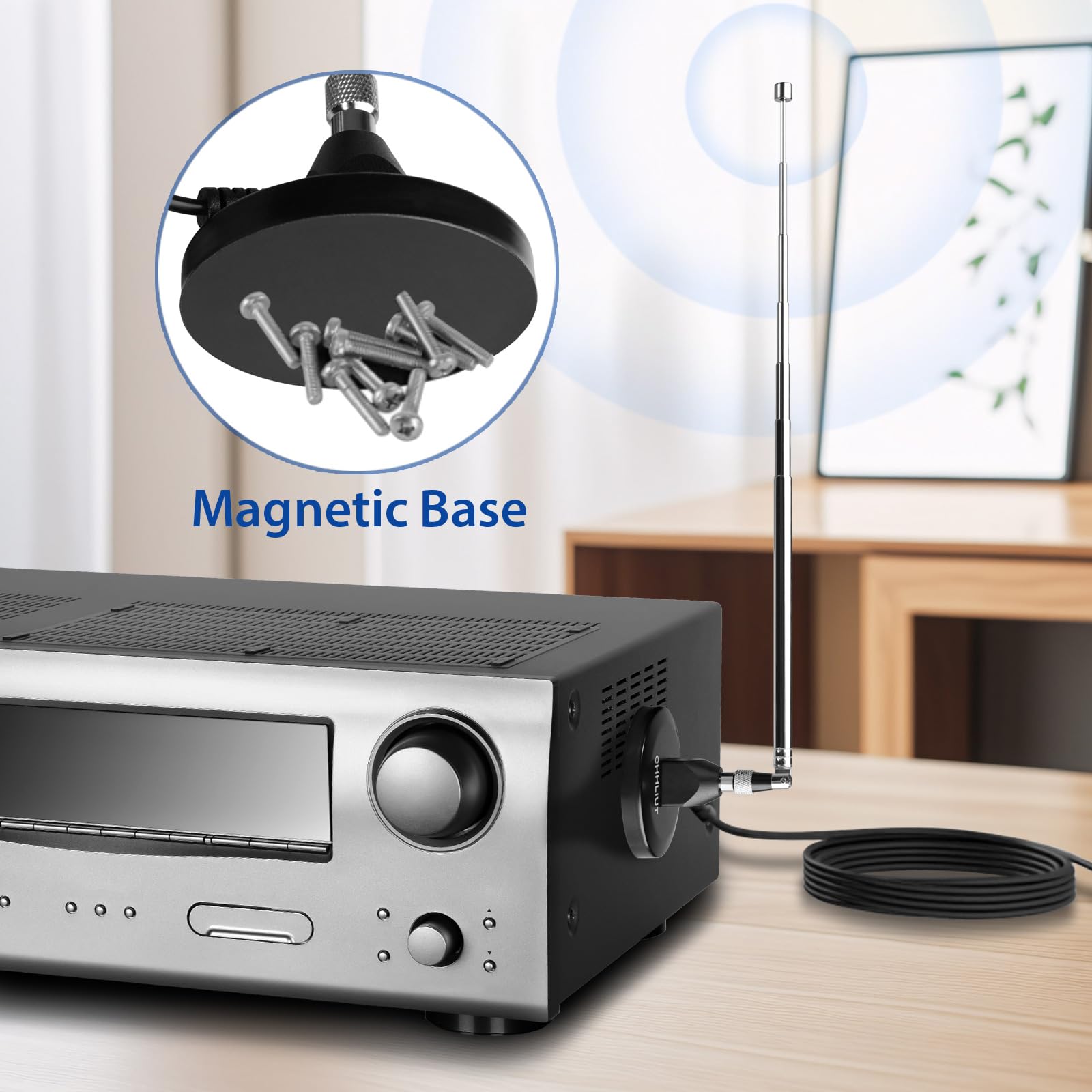 Antenne FM pour récepteur stéréo - Base magnétique, câble coaxial de 4,9 m, rétractable, réception FM parfaite pour système home cinéma