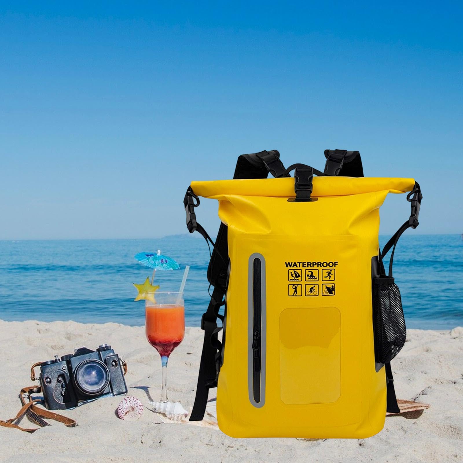 Qianly Wasserdichter Rucksack Outdoor Trockenbeutel Aufbewahrungstasche Schwimmen Segeln Leichtgewichtiger Packsack aus PVC für Camping Bootfahren, Gelb
