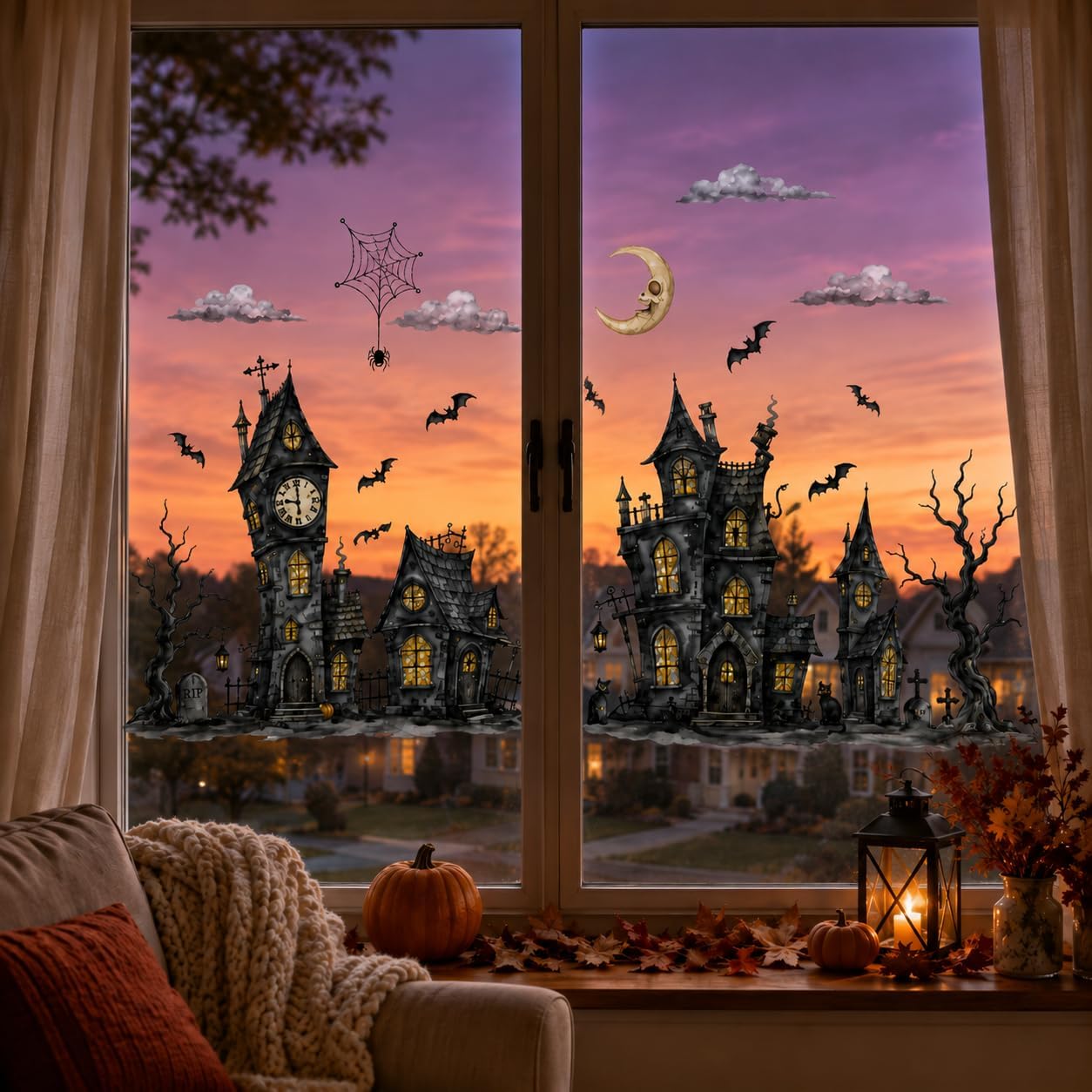 Halloween Haunted Castle Static Window Clings, Watercolor Gothic House Bat PVC Window Stickers, Reusable Static Decals for Window Home Decor image 3
