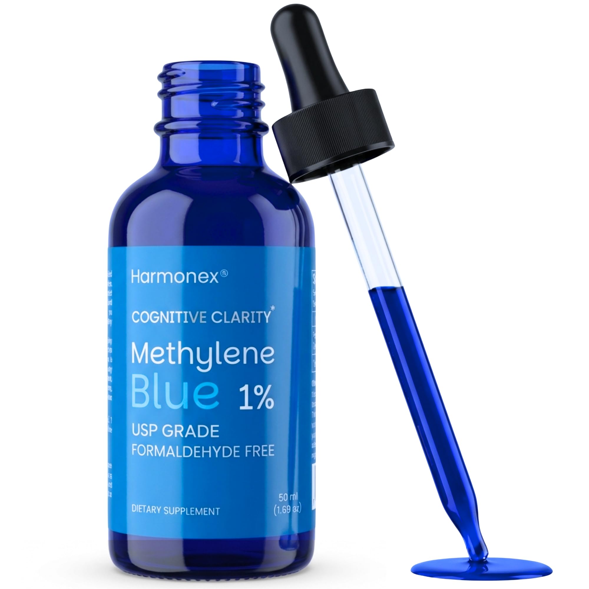 Methylene Blue Drops 1% USP Grade – Mental Clarity & Cellular Energy Support – Pharmaceutical Grade, 3rd Party Tested, No Alcohol or Formaldehyde – Made in USA – 50 ml (1.7 oz) – Harmonex