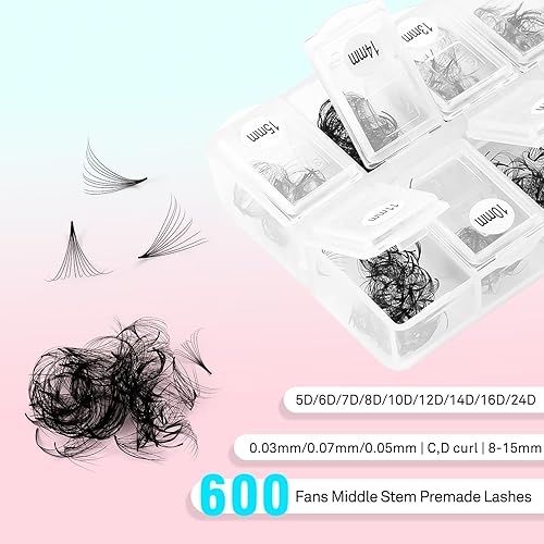 Miniatura 3 de VAVALASH Extensiones de pestañas prefabricadas con 600 abanicos de pestañas postizas 5D 6D 7D 8D 10D 12D 14D 16D 24D, 0.315-0.591 in, longitud