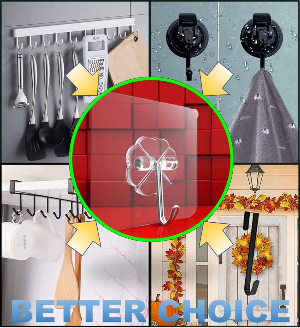 QUALIALL Adhesive Hooks, 20 Packs, 33lbs/15kg Premium Heavy Duty Wall Ceiling Hooks for Hanging, Damage Free, Clear Sticky Hanger for Kitchen, Bathroom Shower Outdoor Use.