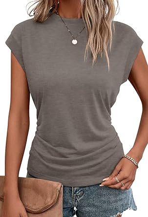 Bliwov Womens Summer Tops Cap Sleeve Crew Neck T Shirts Spring Trendy Fashion Outfits Business Beach Vacation Blouses Clothes Grey