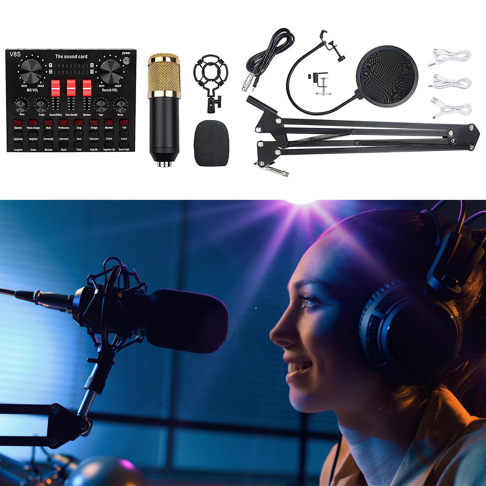 Tarjeta de sonido en vivo, tarjeta de efectos de sonido V8S con 16 efectos de mezclador DJ, 16 efectos de sonido en vivo, 8 modos divertidos, placa de sonido externa USB de audio karaoke portátil,