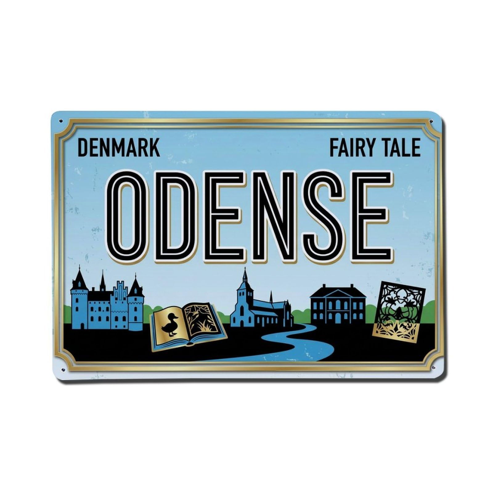 Cxhjca 8X12inch(20X30cm) Vintage Travel Odense Castle Fairy Tale Swan Metal Tin Sign