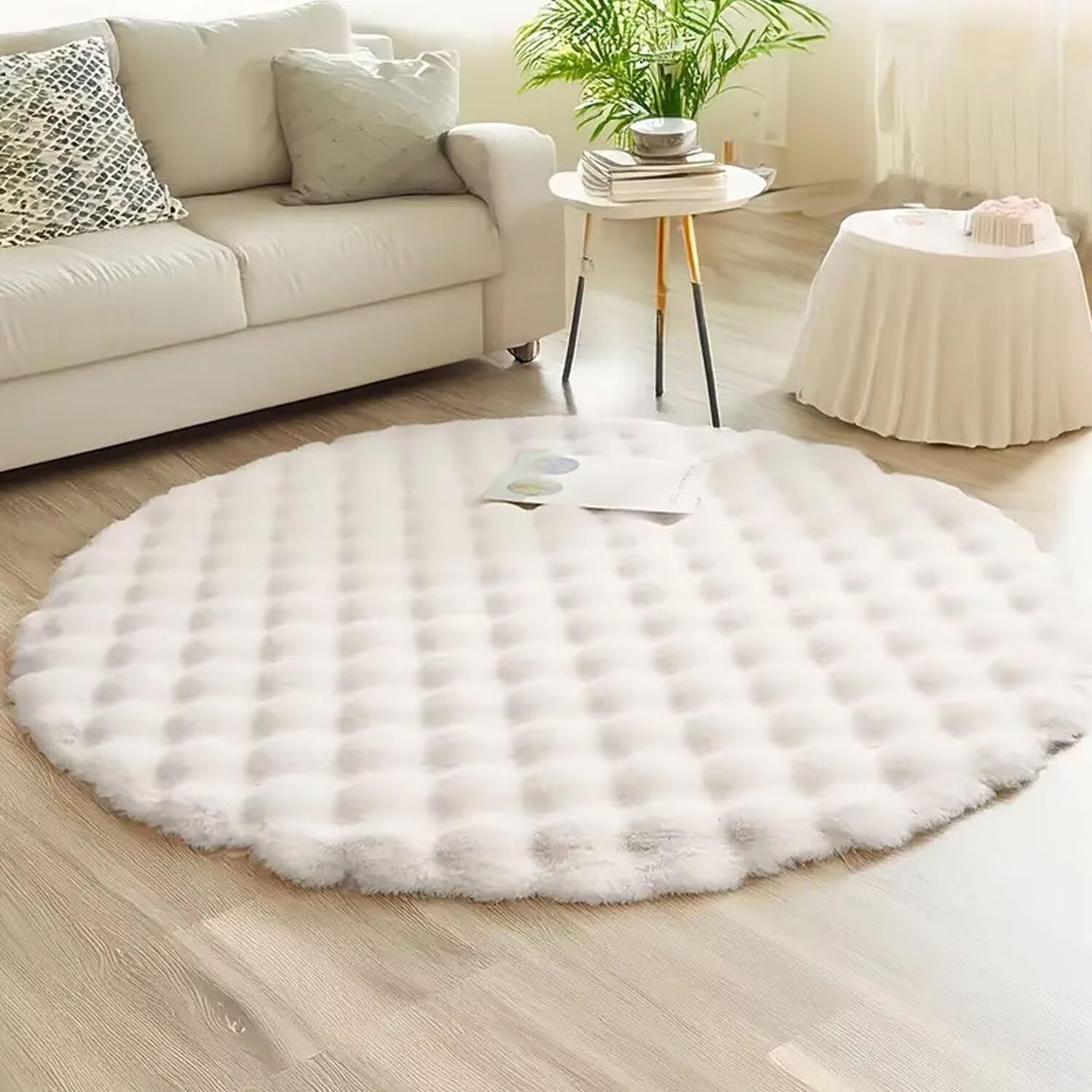 Teppich Rund, Waschbar Rutschfester Flauschiger Fellteppich Rund für Wohnzimmer Kinderzimmer Kinderzimmer Schlafzimmer, Bettvorleger High-Pile Carpet, Beige 140cm