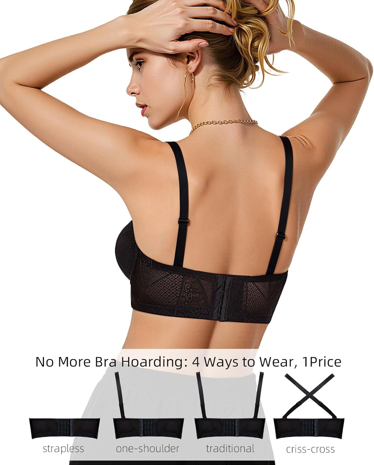 Padded Push Up Bras for Women Underwire Lace Longline Bra Corset Top with Convertible Straps Black 38B - Image 3