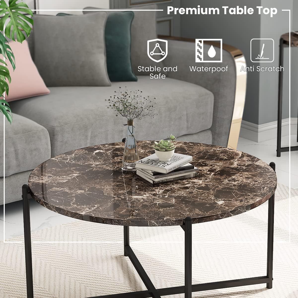 AWQM Faux Marble Coffee Table Set of 3, 1 Coffee Table & 2 Sofa Table, Round Tabletop and Metal Cross Base Frame, Ideal for Living Room, Apartment, Bedroom, Brown & Black : Home & Kitchen