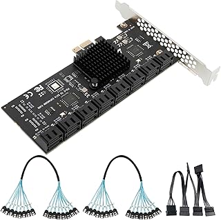 SATA Expansion Card PCIe X1 to 16-Port SATA 3.0 SSD 6Gbps Controller Adapter Card with 2X 8-Port to 8-Port SATA Bundle Cables for Win10/8/7/XP/Vista/Linux
