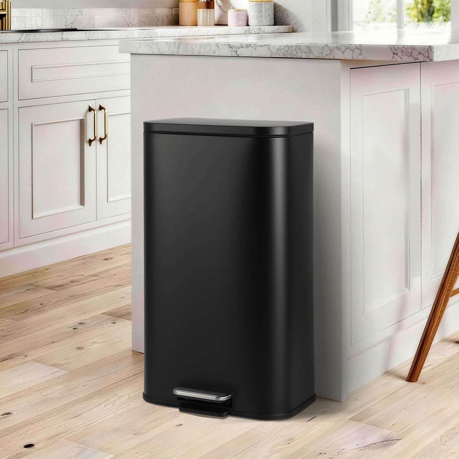 8 Gallon / 30 LTrash Can, Stainless Steel Step-on Garbage Can with Soft-Close Lid & Removable Inner Bucket, Narrow Rectangular Rubbish Bin Waste Container for Kitchen, Bathroom, Office - Black