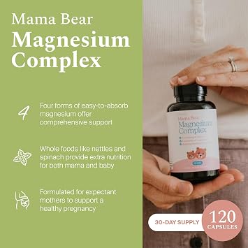 Mama Bear Magnesium Complex Supplement, 120 Capsules | 4 Forms - Glycinate, Citrate, L-Threonate & Elemental, Plus Nettles & Spinach Support Nutrition, Calm & Skeletal & Brain Health