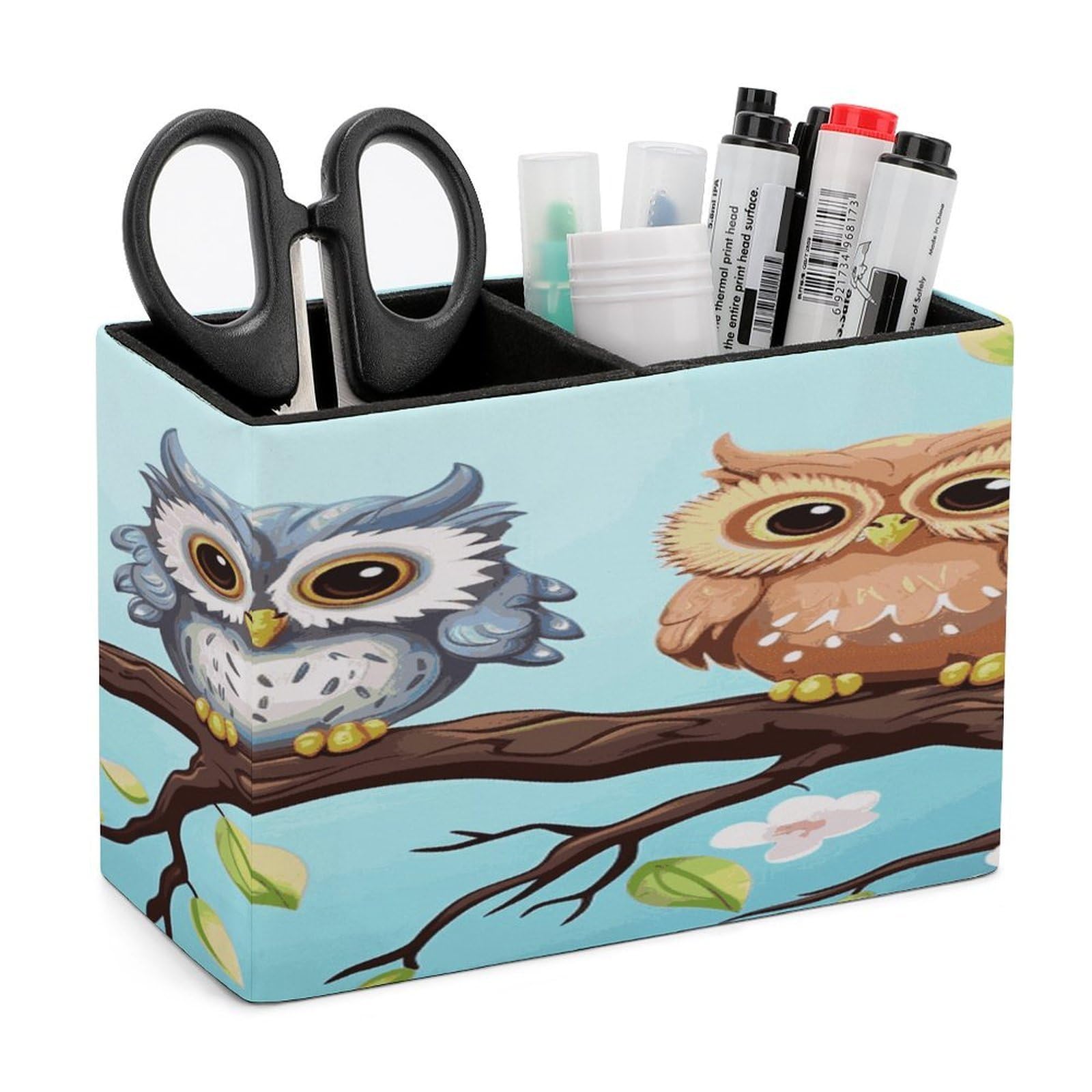 FekiLoot Owls on A Branch Leather Pen Holder for Desk Double Compartments Brush Minimalist PU Leather Pencil Holder Locker Organizer for Work Locker Accessories Pencil Cup for Desk