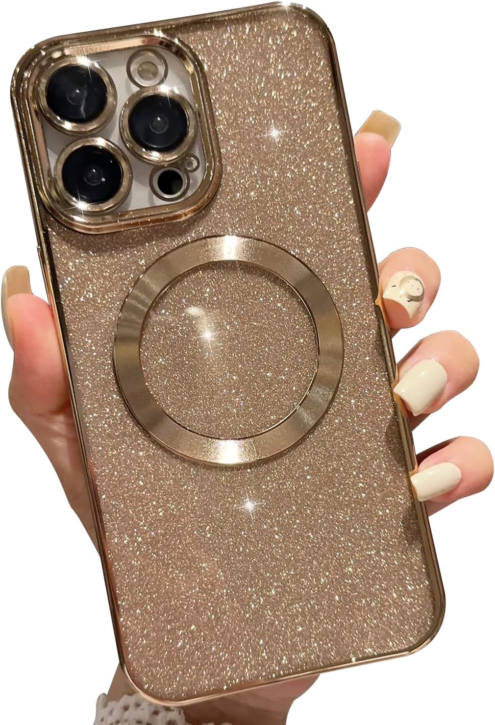 Finyosee Compatible with iPhone 14 Pro Max Case,Luxury Magnetic Glitter Plating Bling Sparkle Shiny Bumper with Camera Protector Back Cover，Compatible with MagSafe for Women Girls-Gold