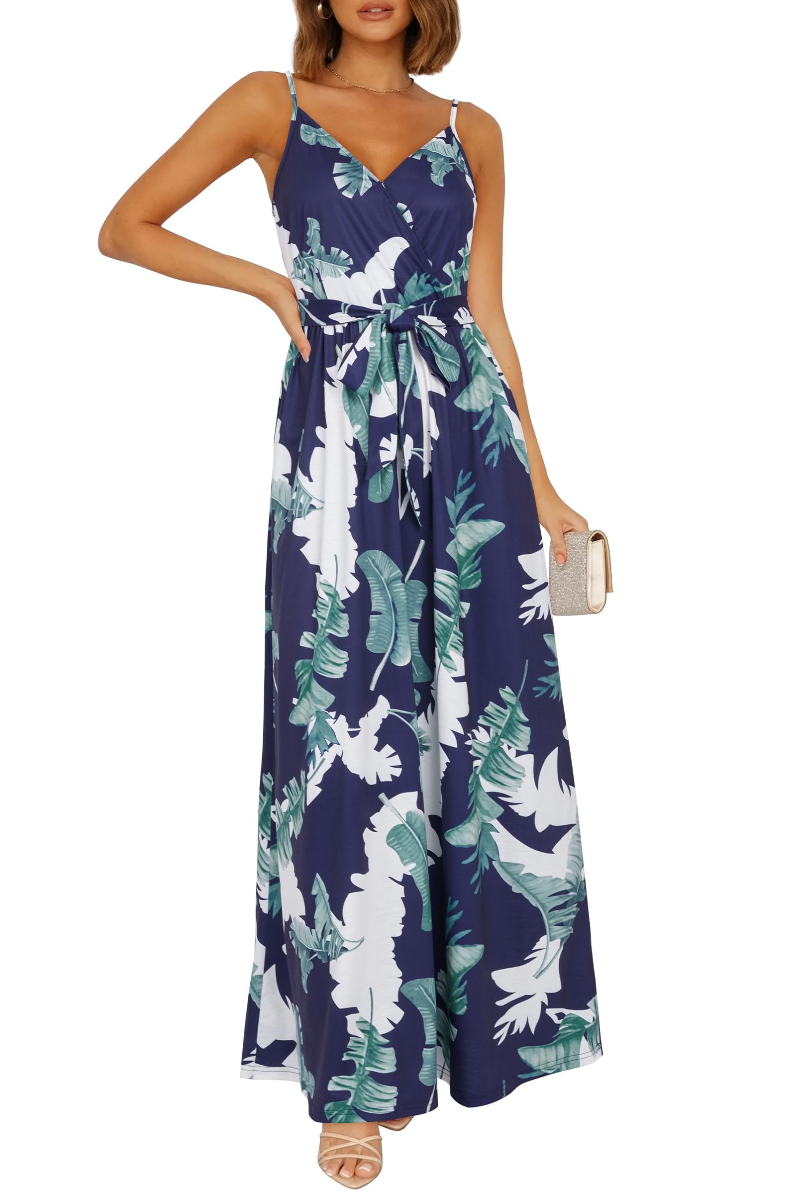 Ouges Womens Summer Maxi Dress V Neck Floral Adjustable Spaghetti