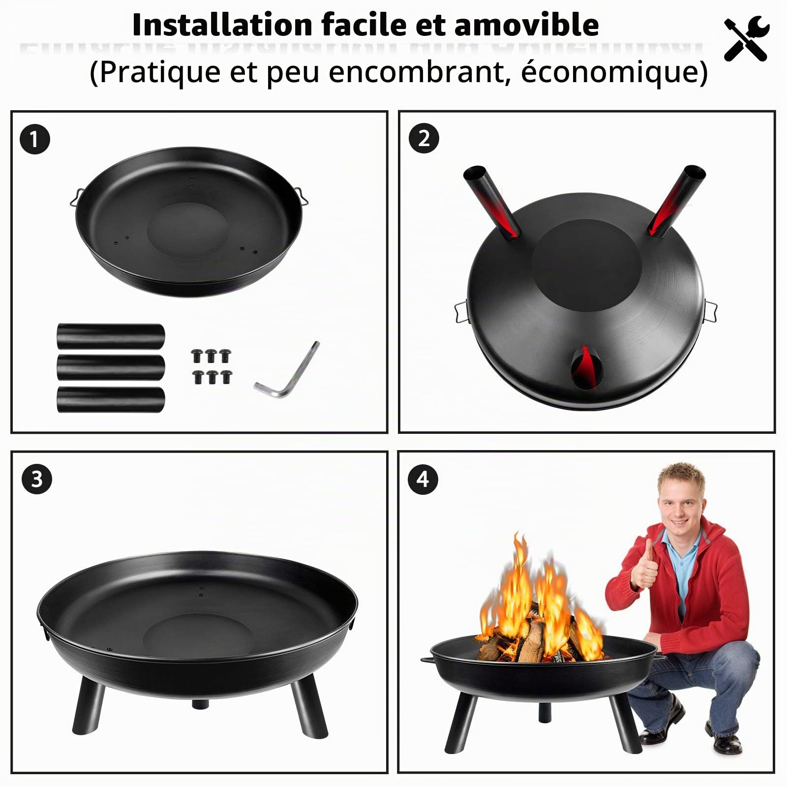 LZQ Brasero de jardin - Diamètre : 80 cm - Rond - Pour chauffage/barbecue - Brasero avec pieds - Revêtement anti-rouille - Pour camping, feu de jardin