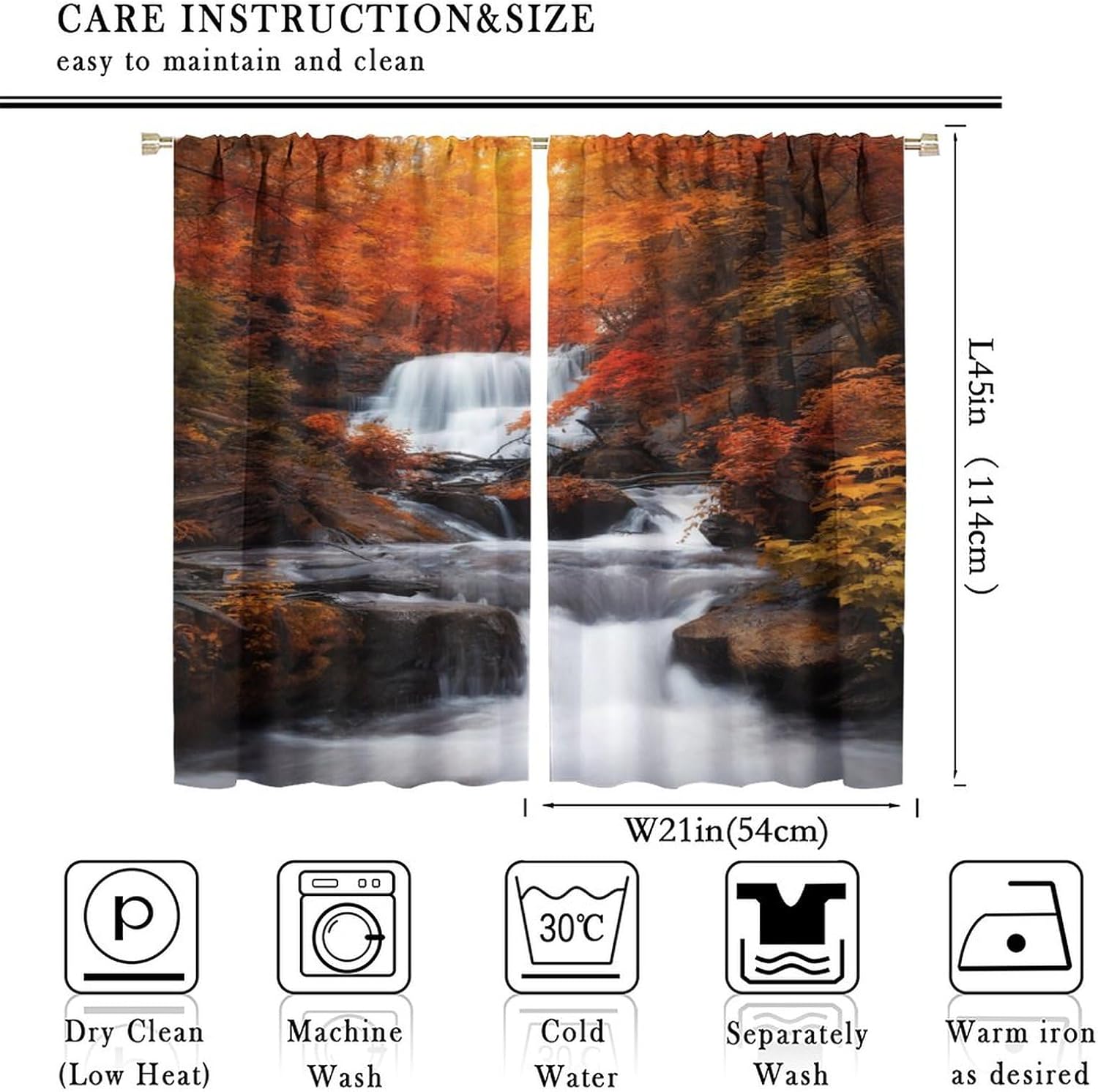 Vintage Nature Mountain Waterfall Curtains, Rustic Romantic Autumn Golden and Red Forest Leaves, Thermal Insulation Blackout Rod Pocket Window Treatments for Living Room Bedroom Kitchen 42x45 Inch