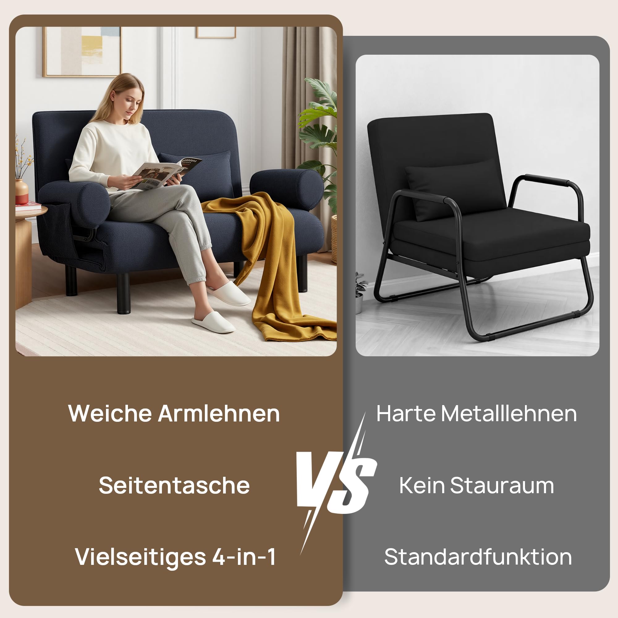 YINIX Schlafsofa 2-Sitzer mit Bettfunktion und Seitentasche, Dunkelgrau