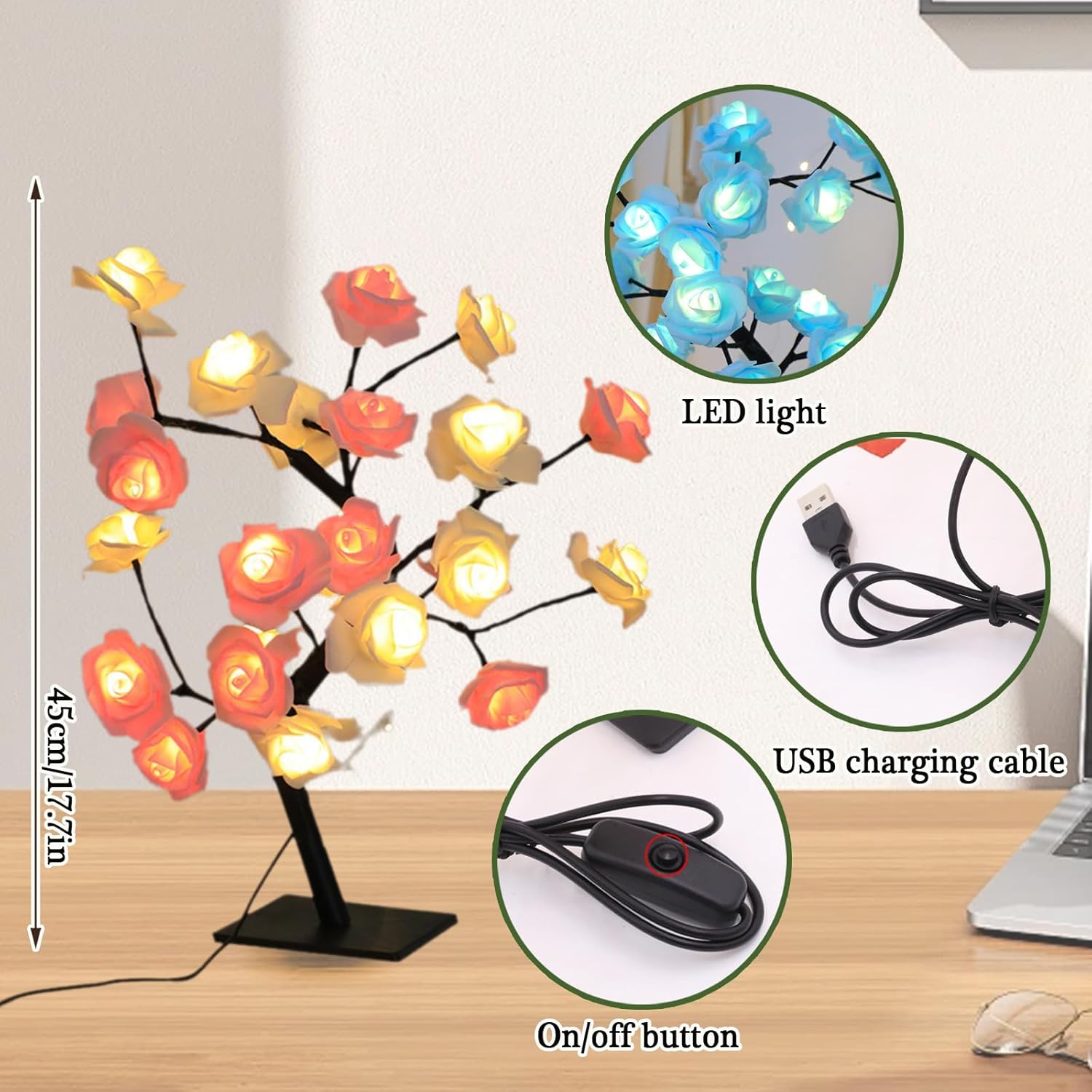Rose Tree Lamp LED Artificial Flower Night Light USB Operated Romantic Flower Table Lamp Gift for Mom Women Daughter Wife Girlfriend Sister