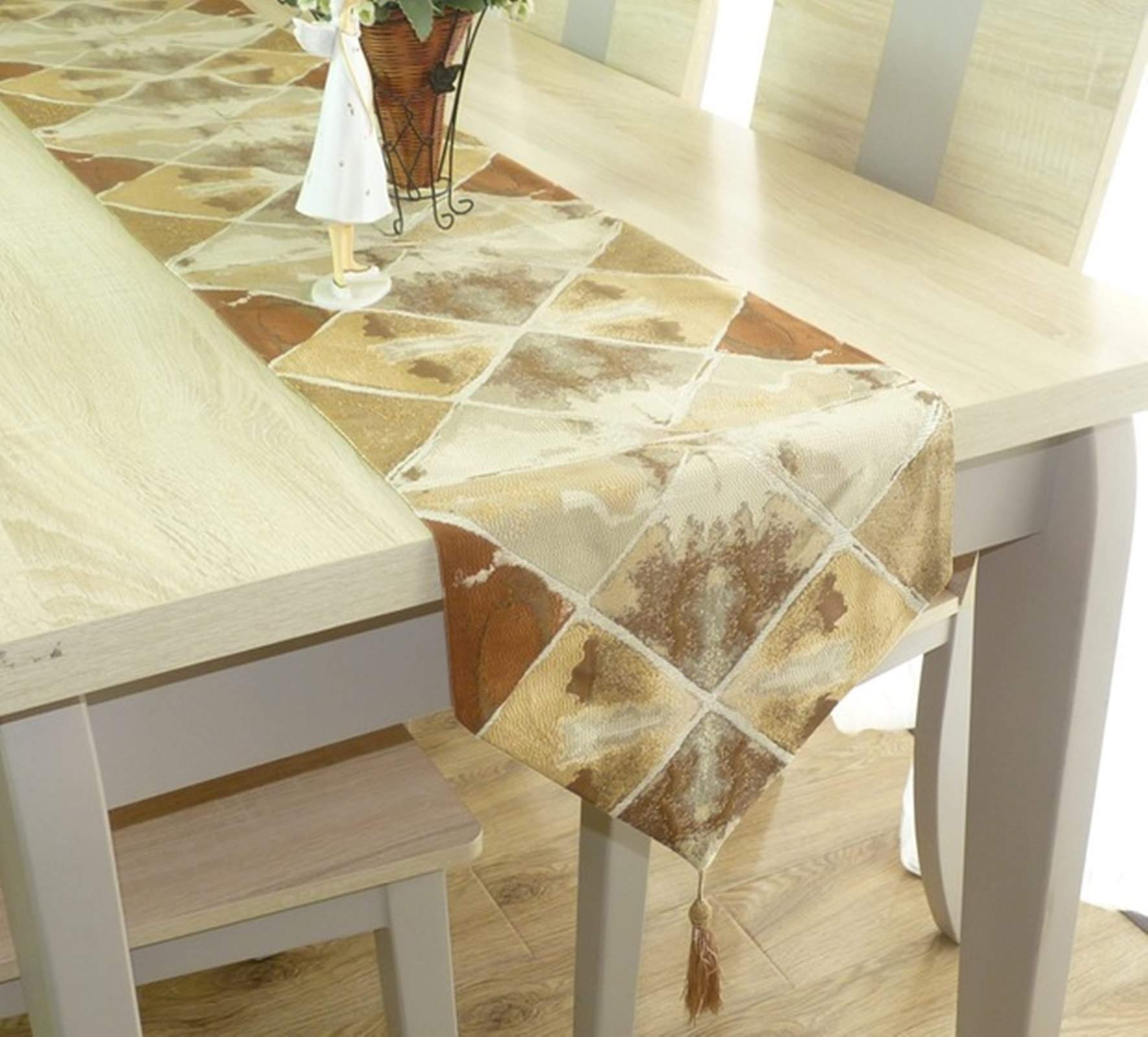 Świąteczny bieżnik na stół wiejski, świąteczny bieżnik na stół krótki 33 x 240 cm brązowy geometryczny romb bawełna len minimalistyczny wystrój 32 x 240 cm