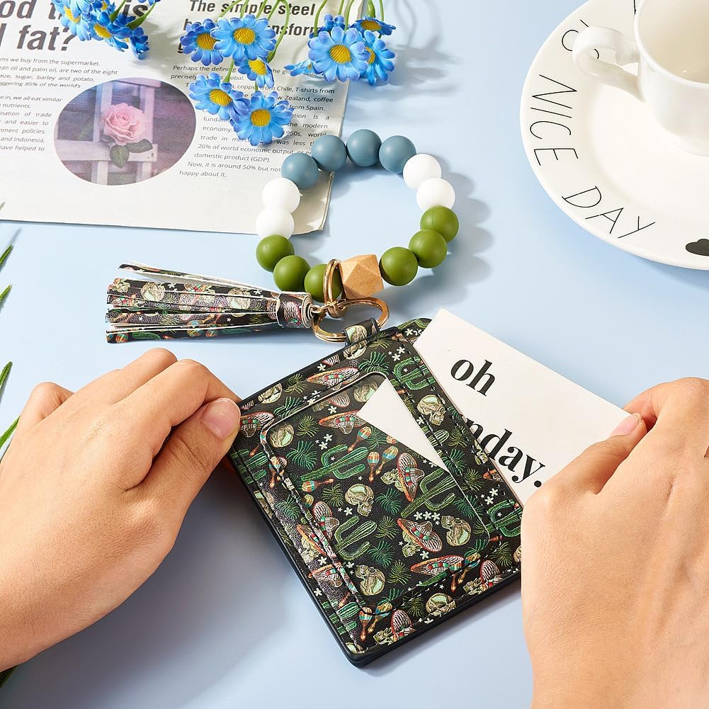 FASHEWELRY Silicone Key Ring Bracelet Keychain Dark Green Wallet Beaded Keychain Wristlet With Pu Leather Card Wallet Key Ring Card Holder Tassel Cute Keychains for Women - Image 6