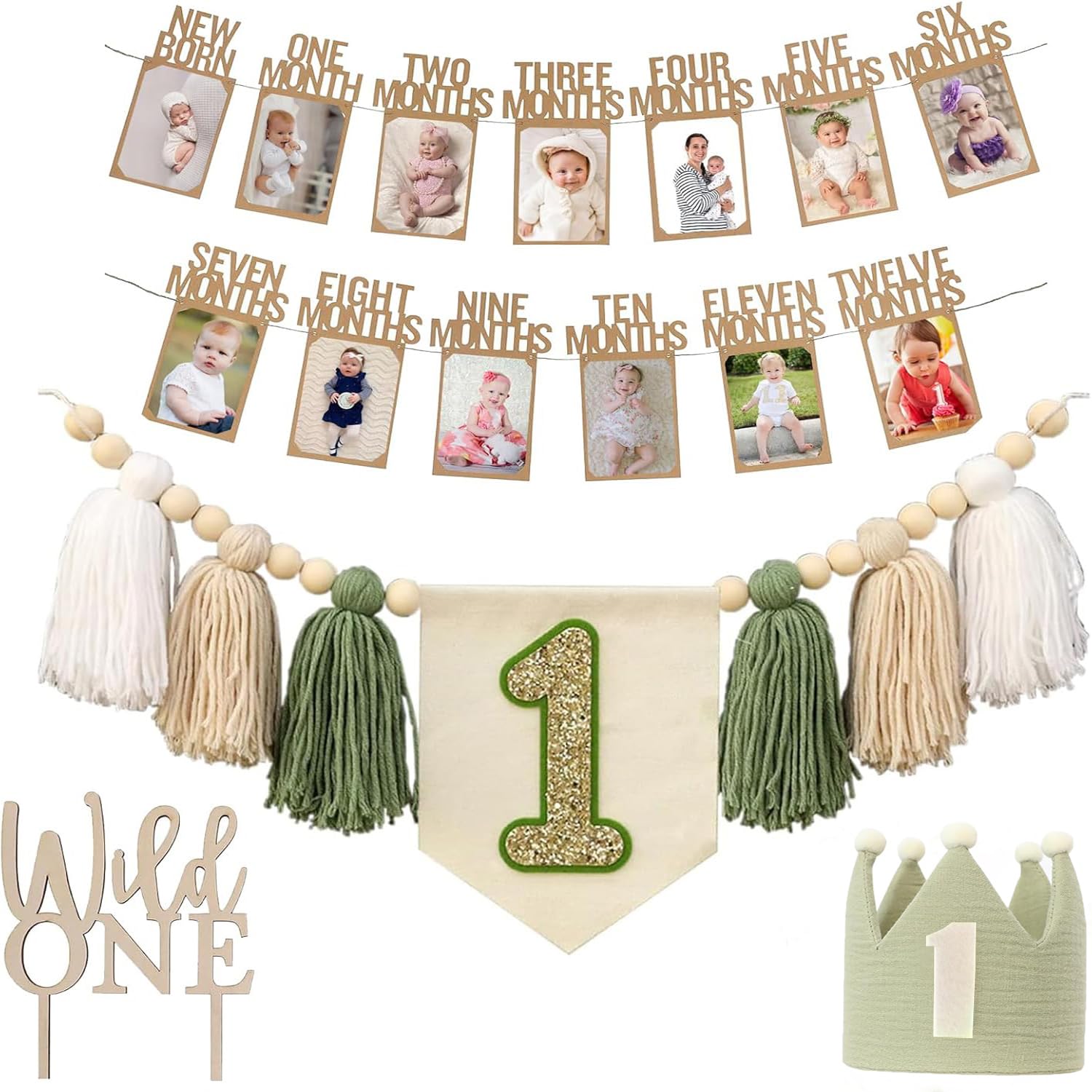 1st Birthday Highchair Banner Decorations Wild One High Chair Banner With Green Tassel Garland Crown Hat Wild One Cake Topper Baby Photo Banner Photoshoot Props Photo — image 1