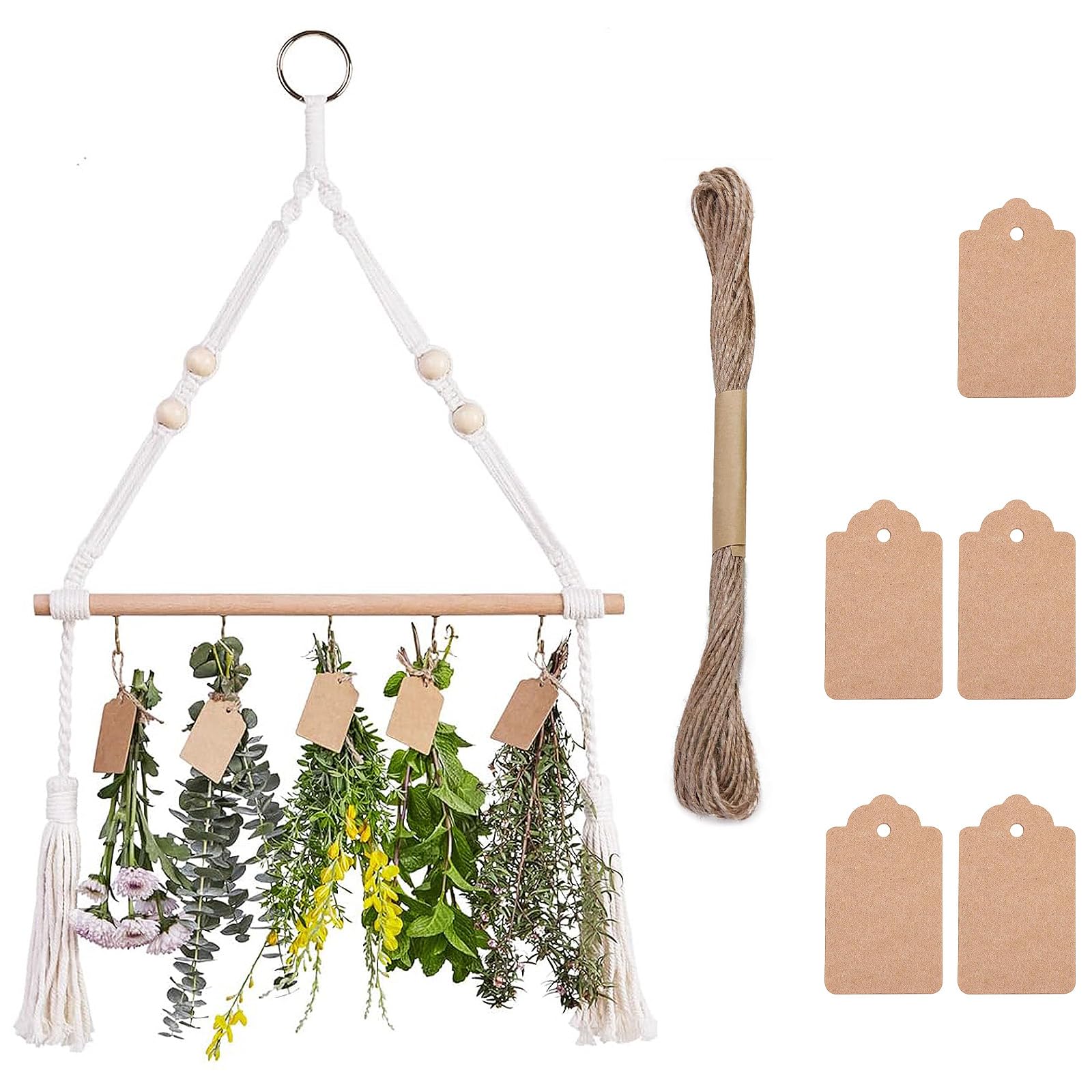 YAHAHARICH Herb Drying Rack with 15PCS Brown Gift Tags and 32ft Natural Jute Twine herb Dryer Flower Drying,Hanging Herb Dryer Rack for Fresh and Aromatic Herbs (1 Tier)