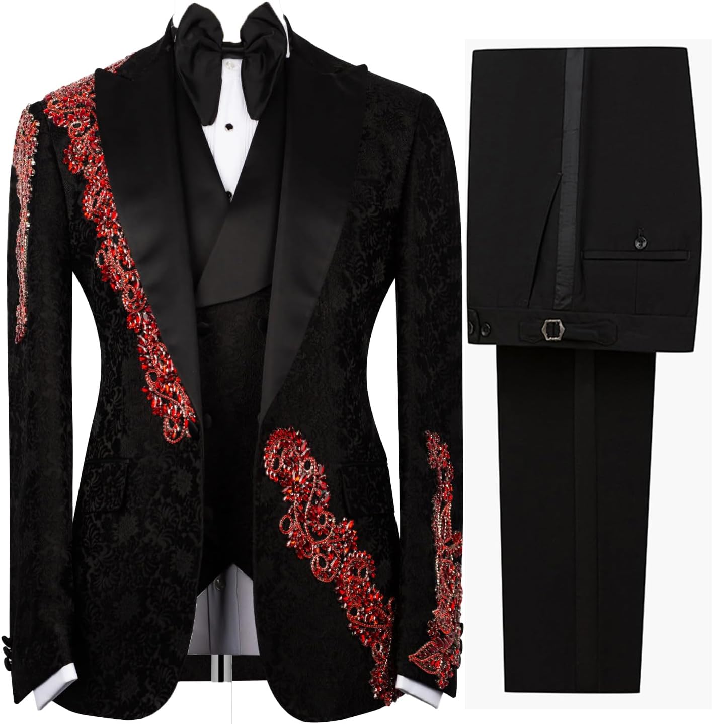 Mens Luxury Jacquard 3 Pieces Suit with Rhinestone Slim Fit Peaked Lapel Blazer Jacket Vest Pants Set for Prom,Party