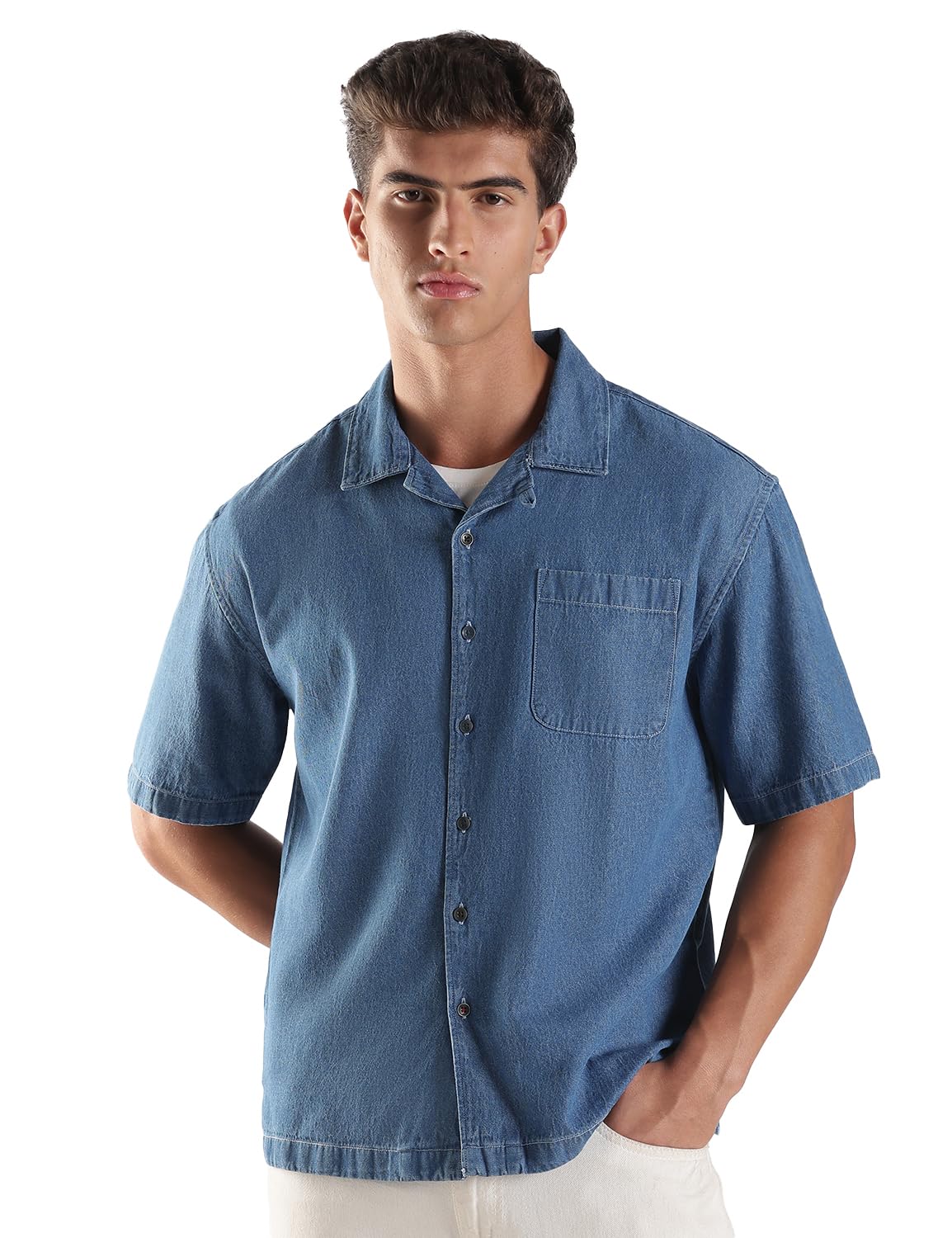 Men’s Casual Denim Shirt – 100% Cotton | Half Sleeves | Oversized Fit | Single Patch Pocket | Resort Collar-image-2