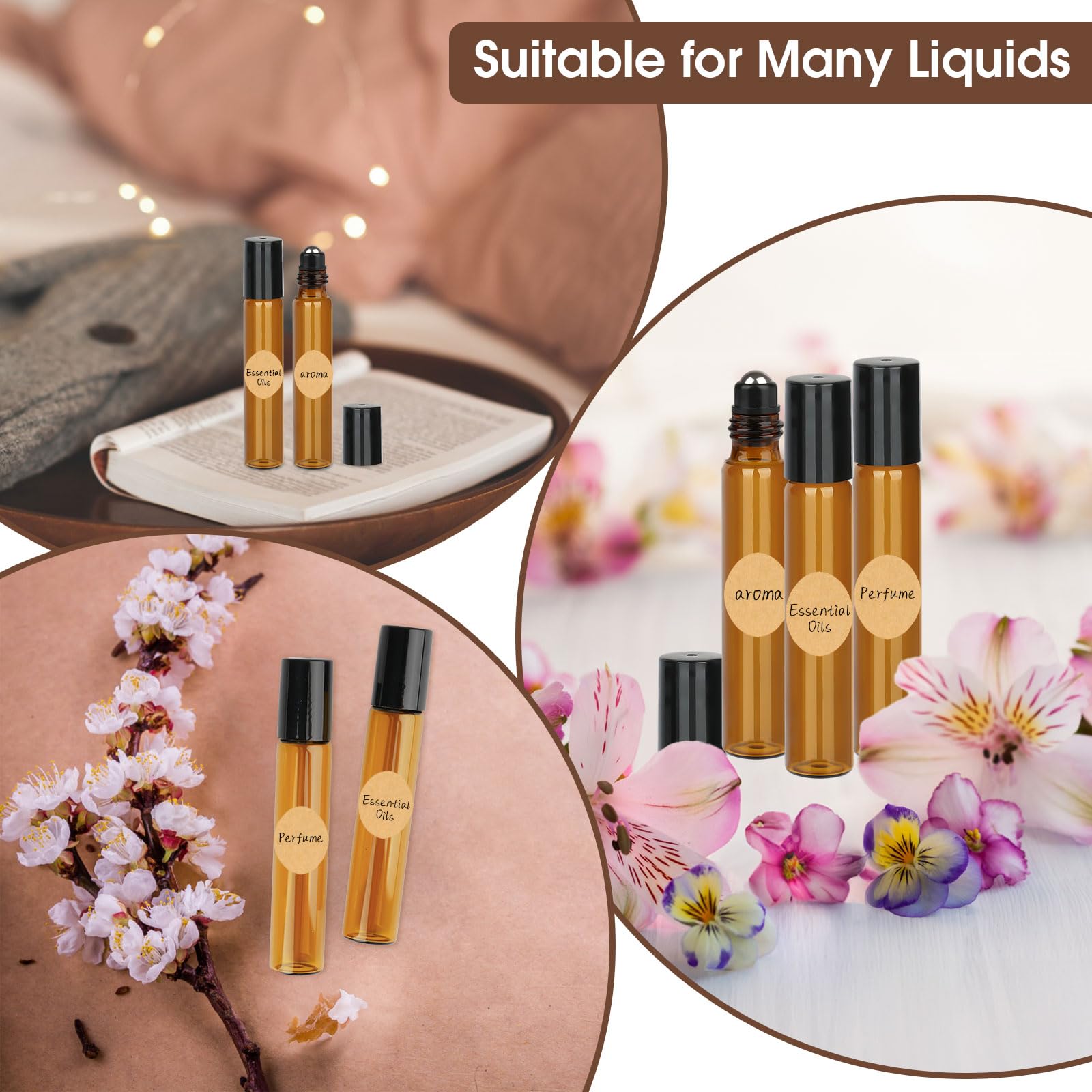 Roll on Lot de 24 bouteilles en verre pour huile essentielle, avec boule en acier inoxydable, bouteilles rollon marron avec décapsuleur, compte-gouttes, étiquettes pour huiles essentielles, parfum,