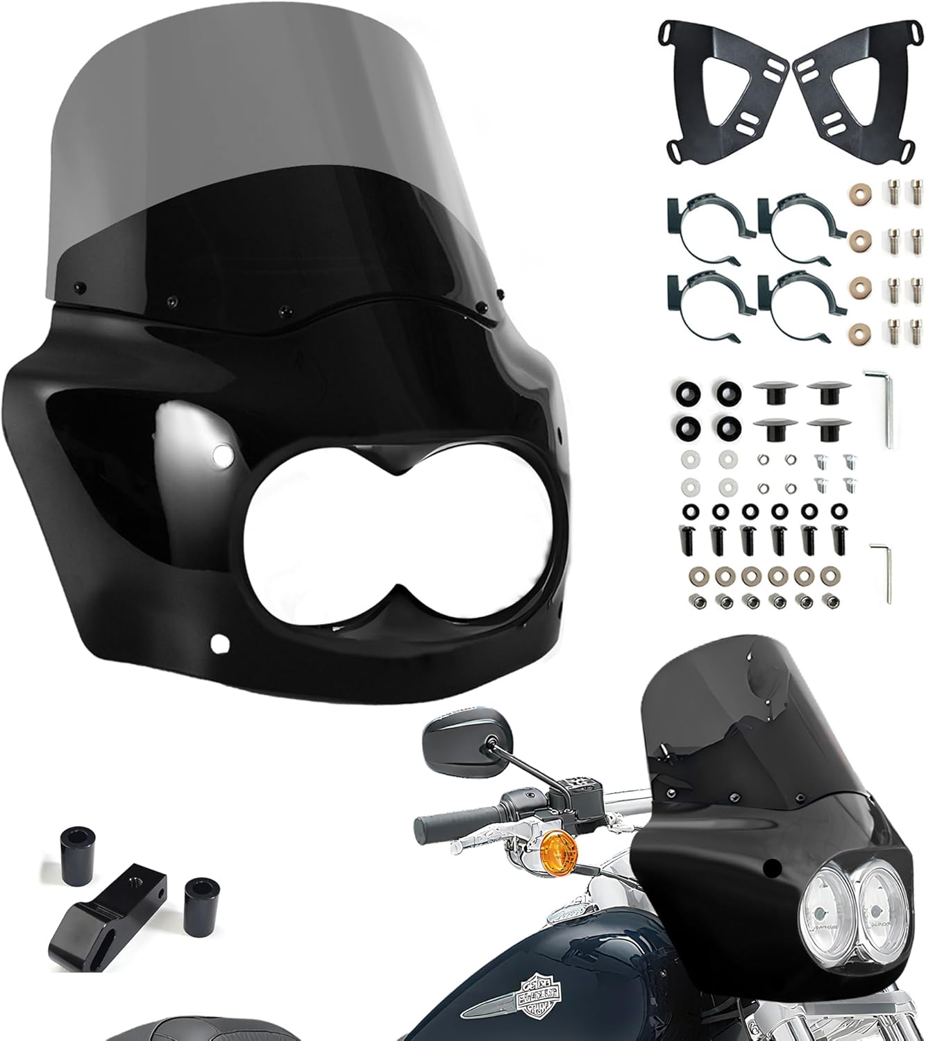 Motorcycle Fairing Windshield Kit for Harley Dyna Fat Bob FXDF 2008-2017, Dual Headlight Fairing with 15" Smoke Motorbike Windscreen 48-58mm Forks with Extension