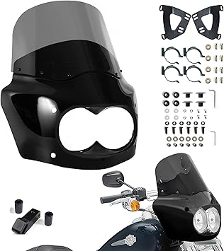Motorcycle Fairing Windshield Kit for Harley Dyna Fat Bob FXDF 2008-2017, Dual Headlight Fairing with 11" Smoke Motorbike Windscreen 48-58mm Forks with Extension